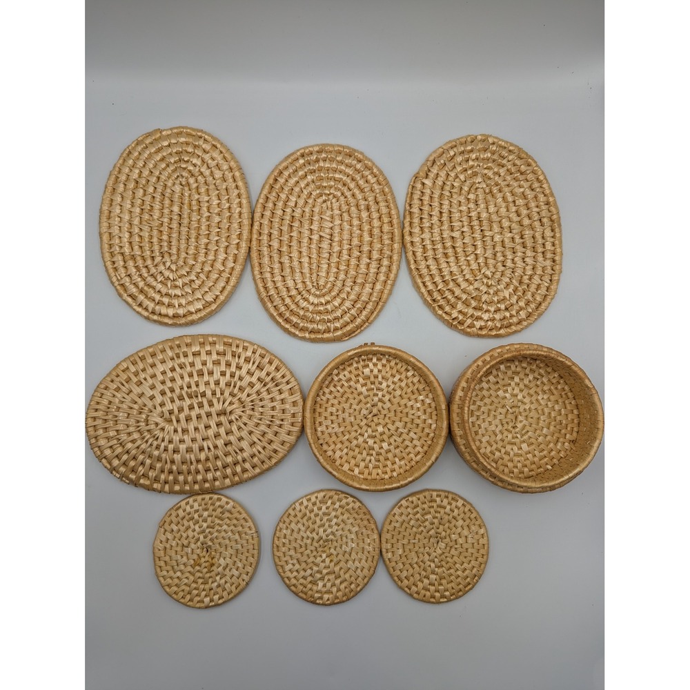 Wicker Kitchen Set Natural Tan Woven Hot Plates & Coasters Boho Cottagecore